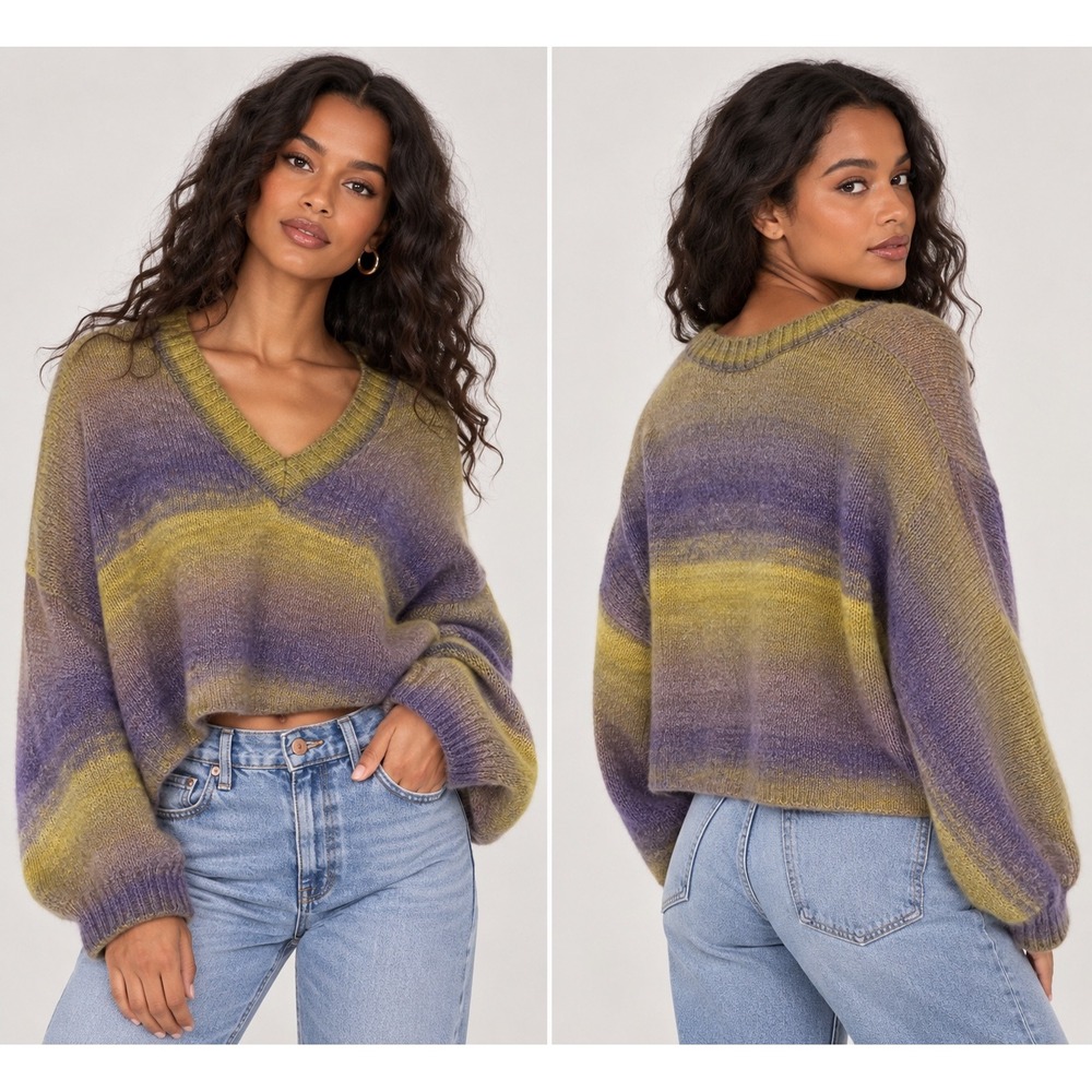 Etiquette Boutique Purple Green Ombre V-Neck Cropped Knit Sweater Medium